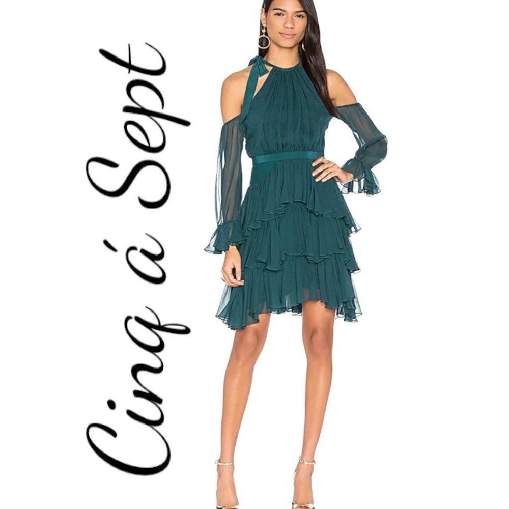 CINQ á SEPT ELSA 100% SILK Cold Shoulder Halter Tiered Ruffle Mini Dress, Size 0